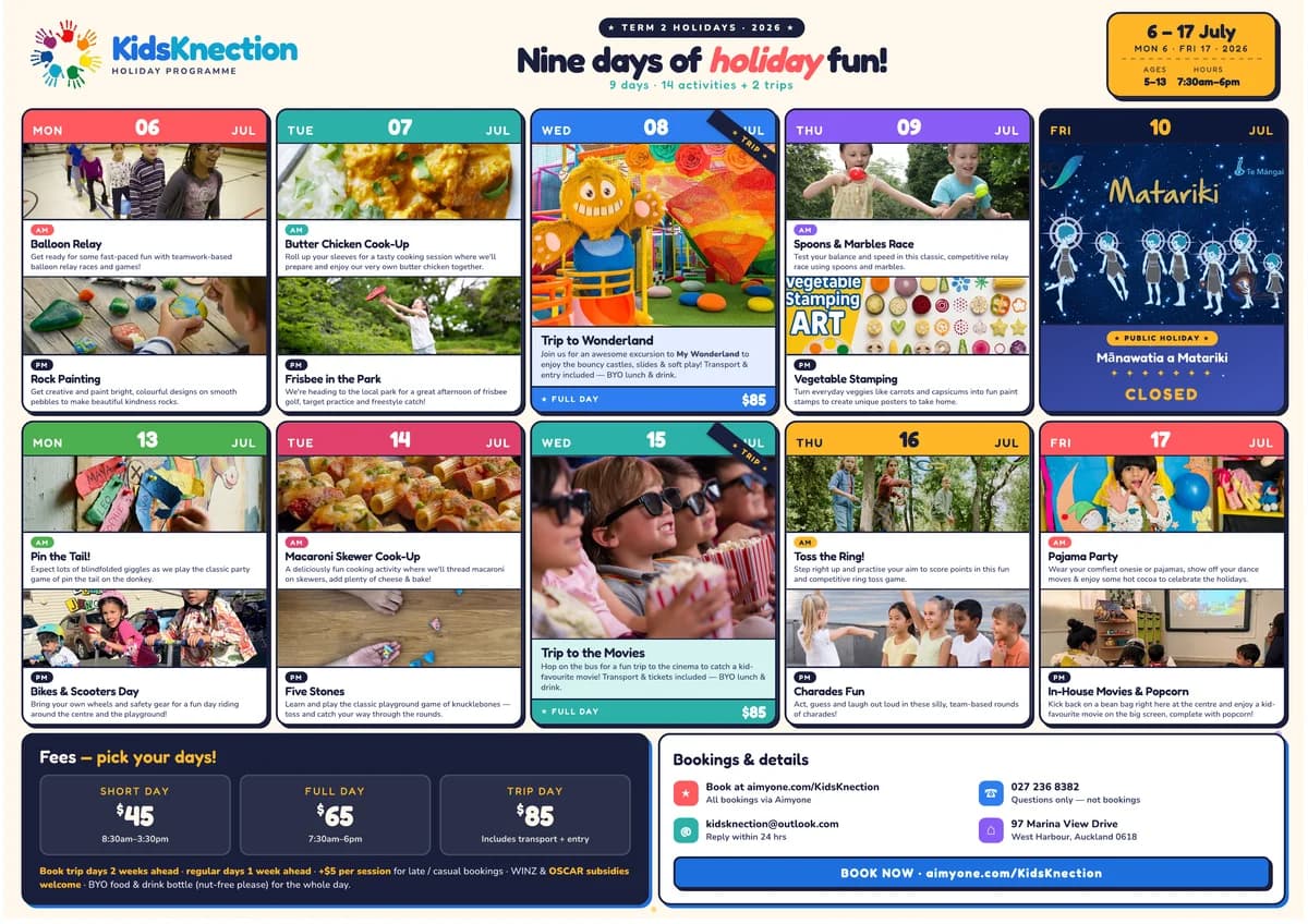 Kids Knection July 2026 Holiday Programme flyer — nine days of activities including a trip to Wonderland, butter chicken cook-up, vegetable stamping art, frisbee in the park, a movie trip, and a pyjama party
